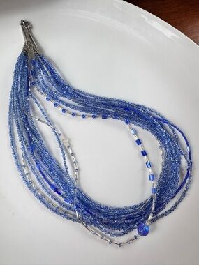 925 Blue Glass Beaded Tassel Necklace Pendant